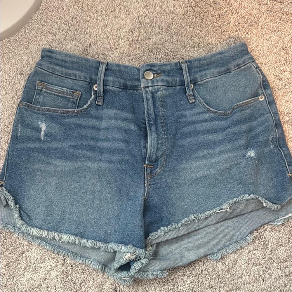 Good American Blue Jean Shorts Distressed High-Waisted